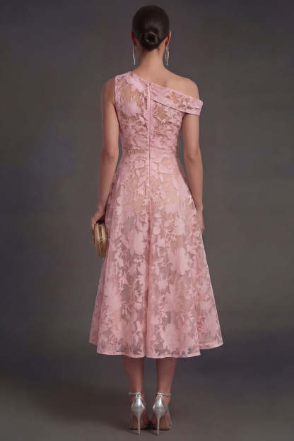 Blue Floral Lace One Shoulder A Line Midi Beach Wedding Guest Dress