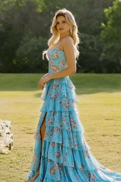 Floral Blue Ruffled Tiered Maxi Corset Prom Dress with Slit