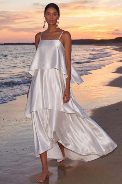 White A Line Satin Spaghetti Straps Tiered Long Wedding Reception Dress