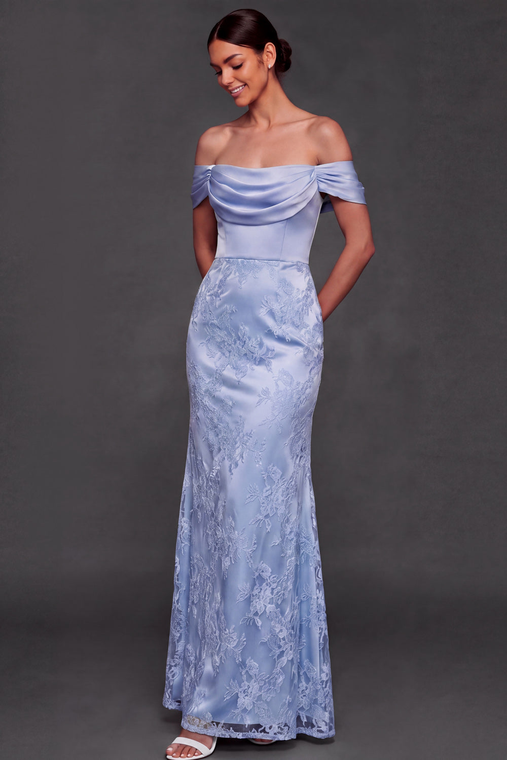 White Appliqued Floral Satin Long Wedding Reception Dress