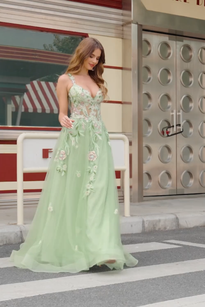 Green Sequined Applique Corset A-Line Prom Dress with Slit
