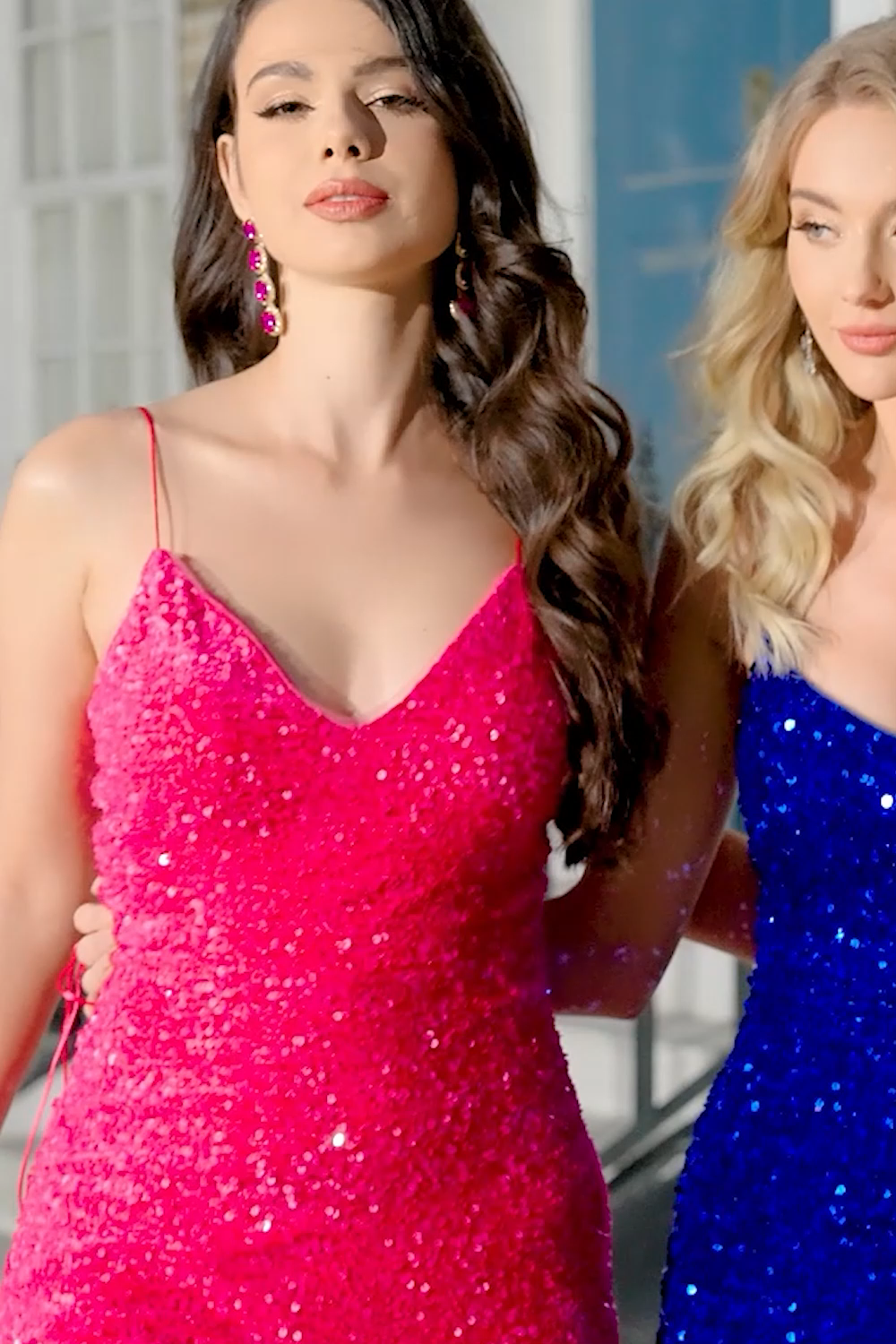 Fuchsia Mermaid Spaghetti Straps V-Neck Sequin Prom Dress With Split