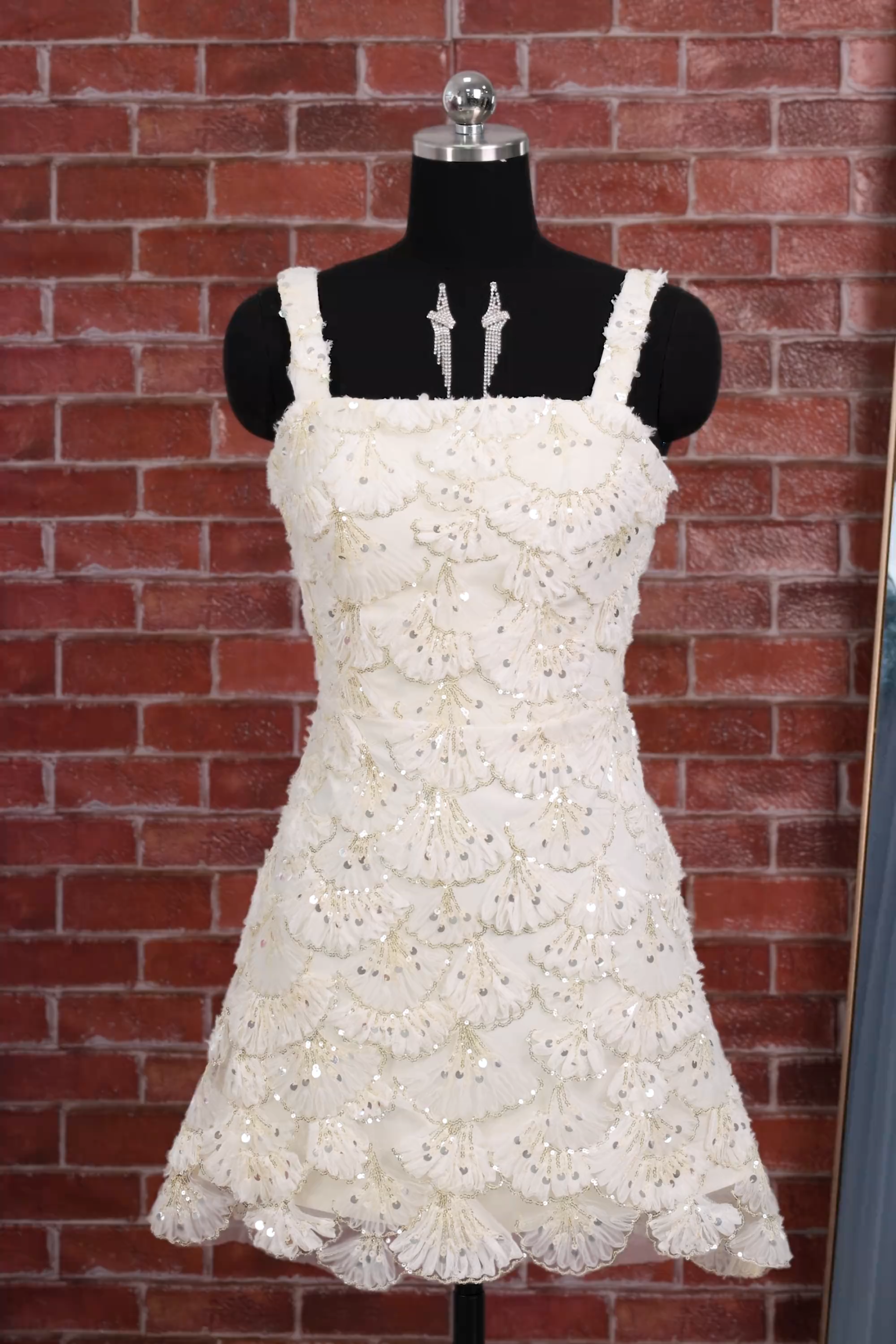 Ivory Sparkly Square Neck Sequin Short Homecoming Dress
