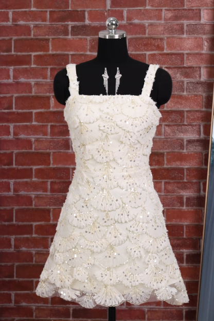 Ivory Sparkly Square Neck Sequin Short Homecoming Dress