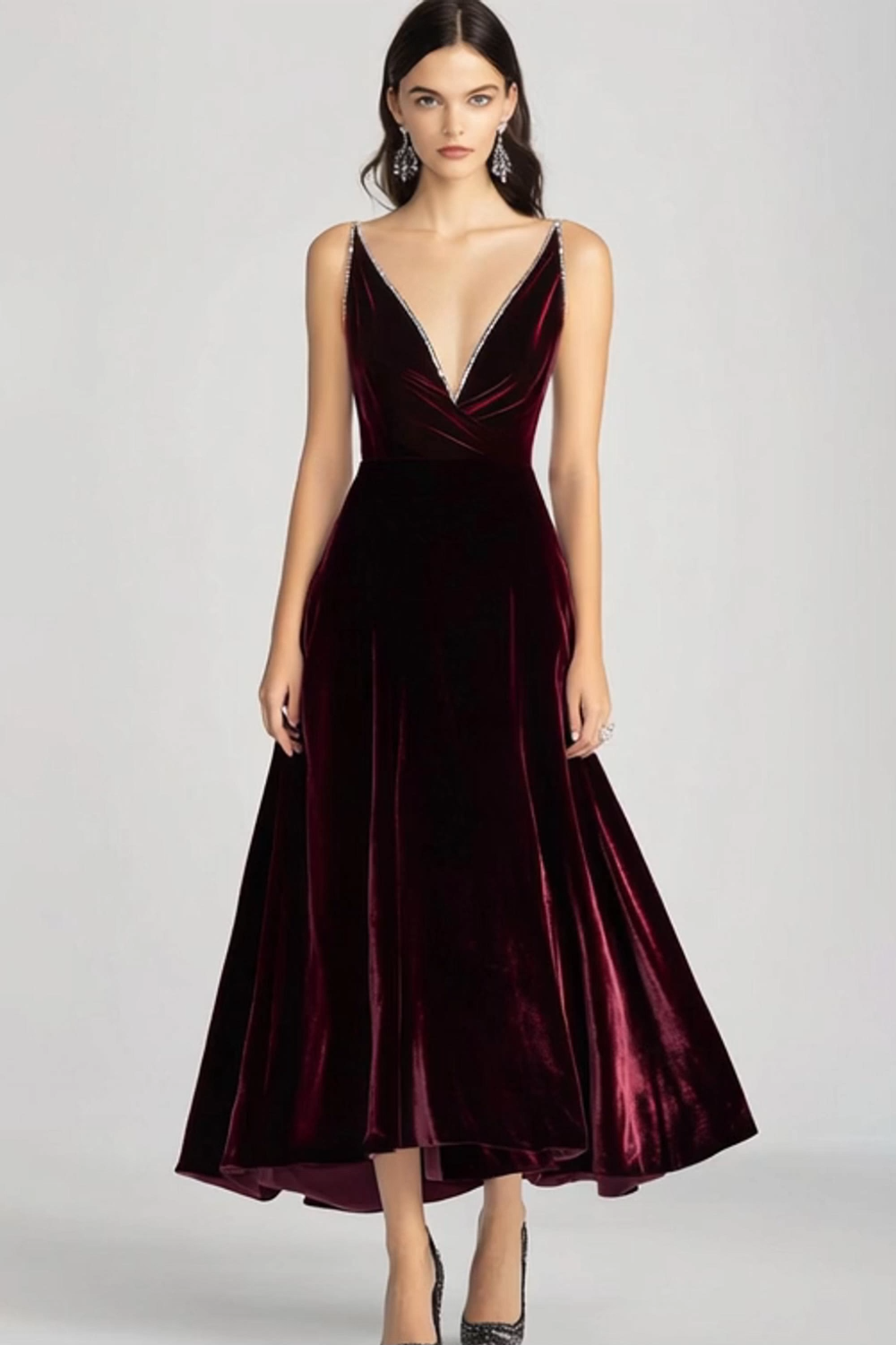 Burgundy V-Neck Velvet A Line Formal Dress