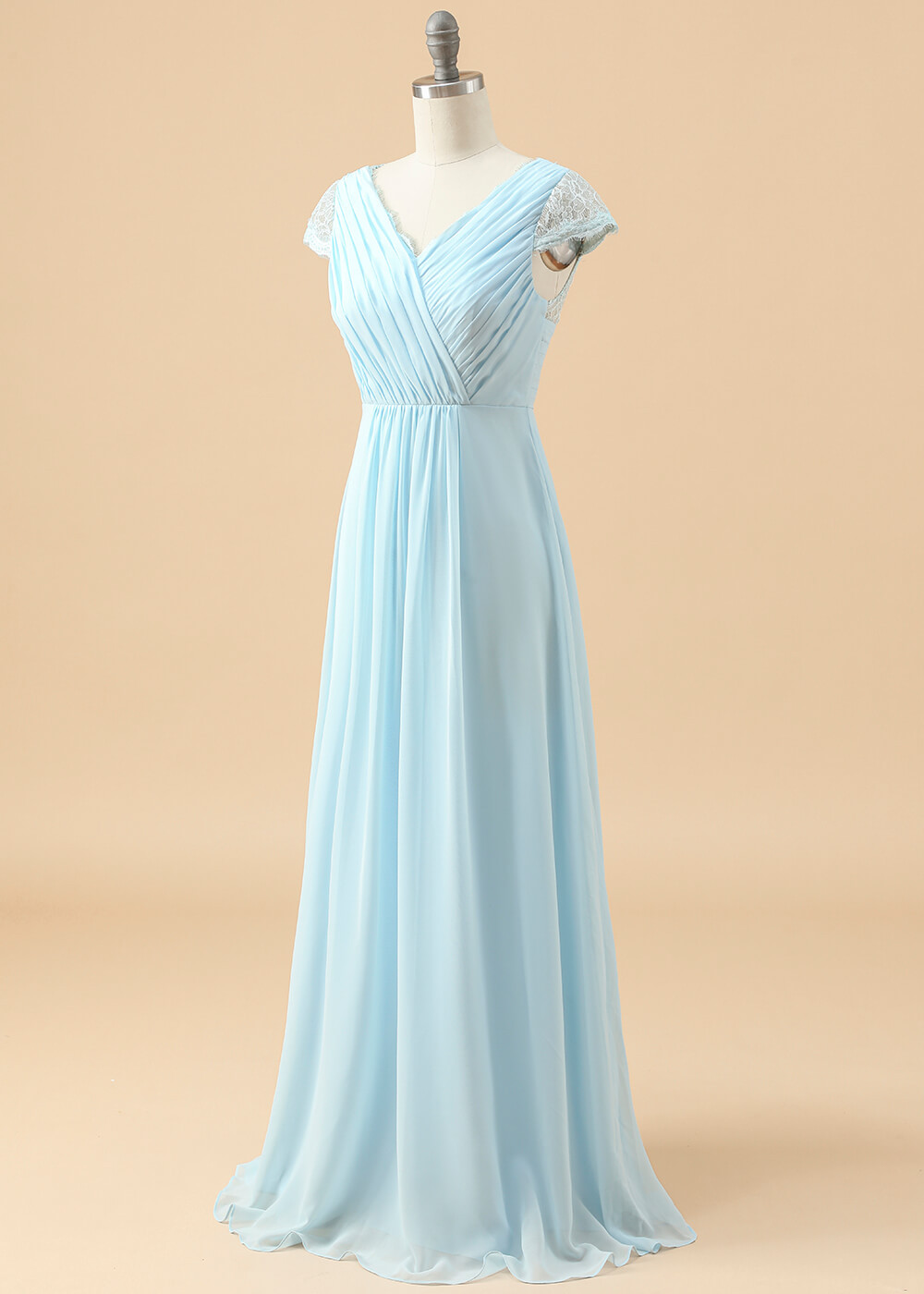 V-neck Lace Back Pleated Chiffon Junior Bridesmaid Dress