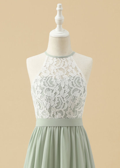 Halter Lace Bodice A-line Long Junior Bridesmaid Dress