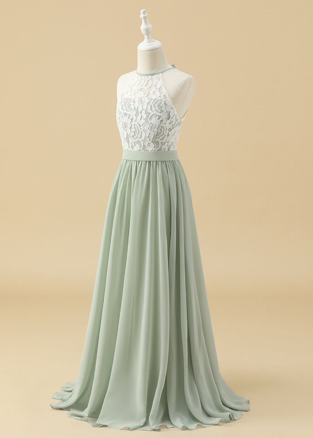 Halter Lace Bodice A-line Long Junior Bridesmaid Dress