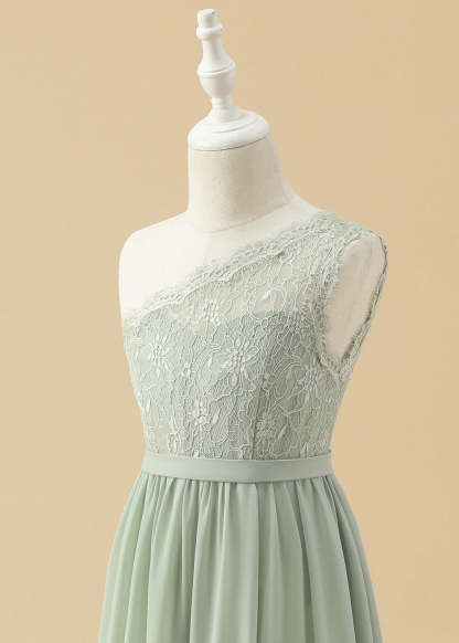 One Shoulder Lace Bodice Chiffon Junior Bridesmaid Dress