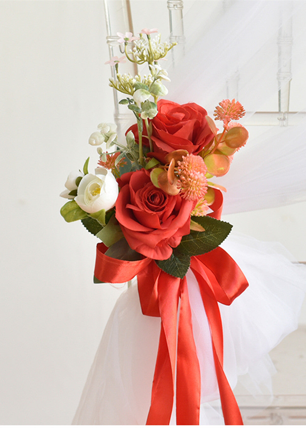 Wedding pew decoration, pew wedding decoration, church decoration, pew high quality flowers, coral flowers for church.