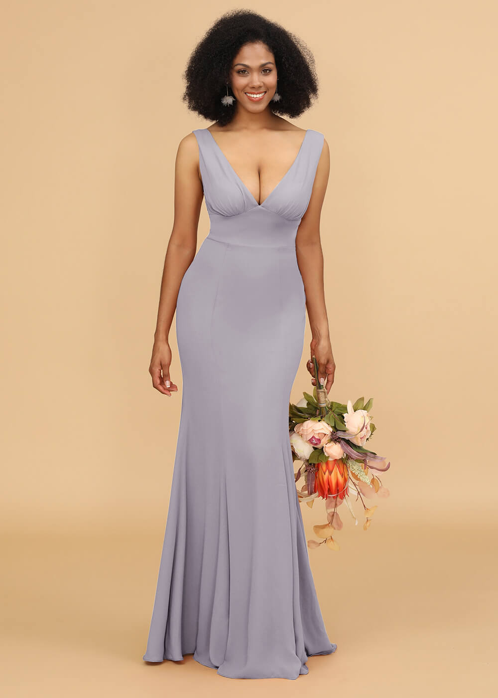 V-neck Trumpet Open Back Long Bridesmaid Dress