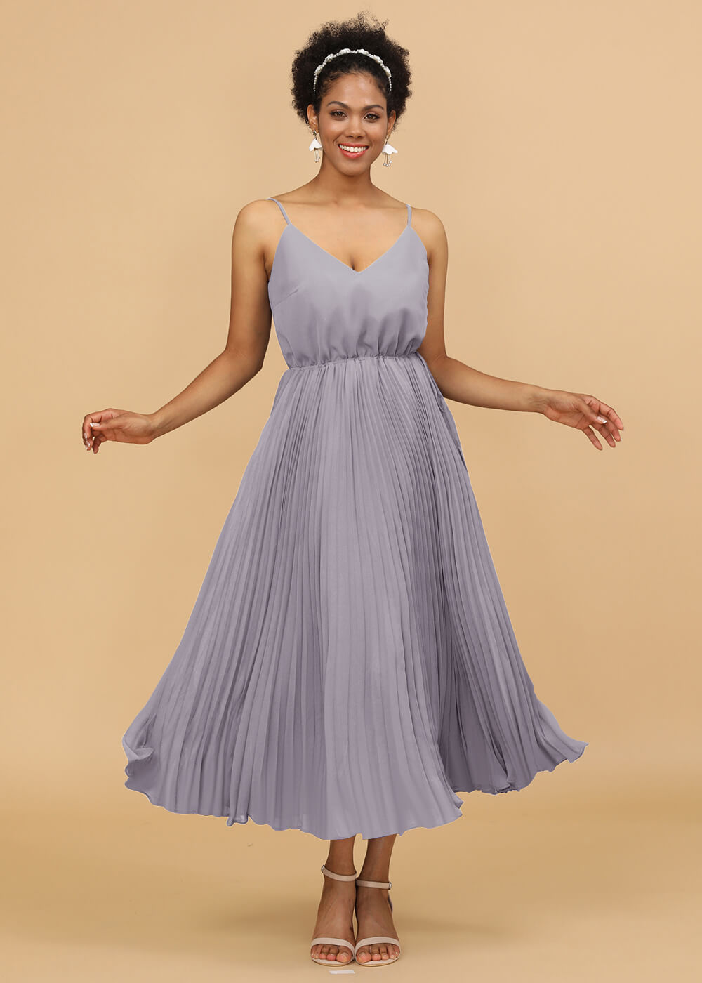 V-neck Spaghetti Strap Tea Length Bridesmaid Dress