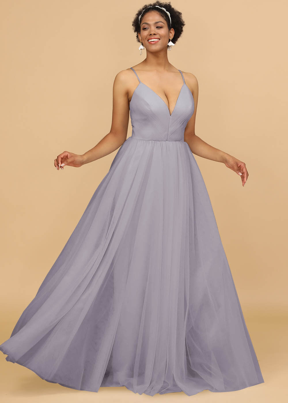 Deep V-neck Strap Tulle Bridesmaid Dress