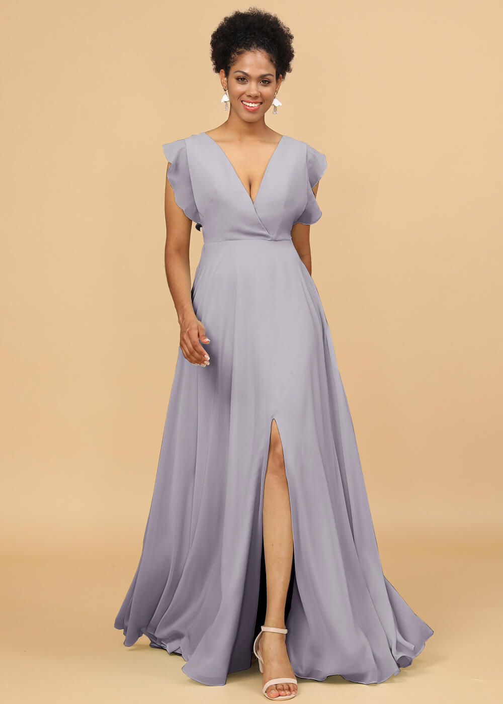 V-neck Ruffles Cap Sleeve Chiffon Bridesmaid Dress