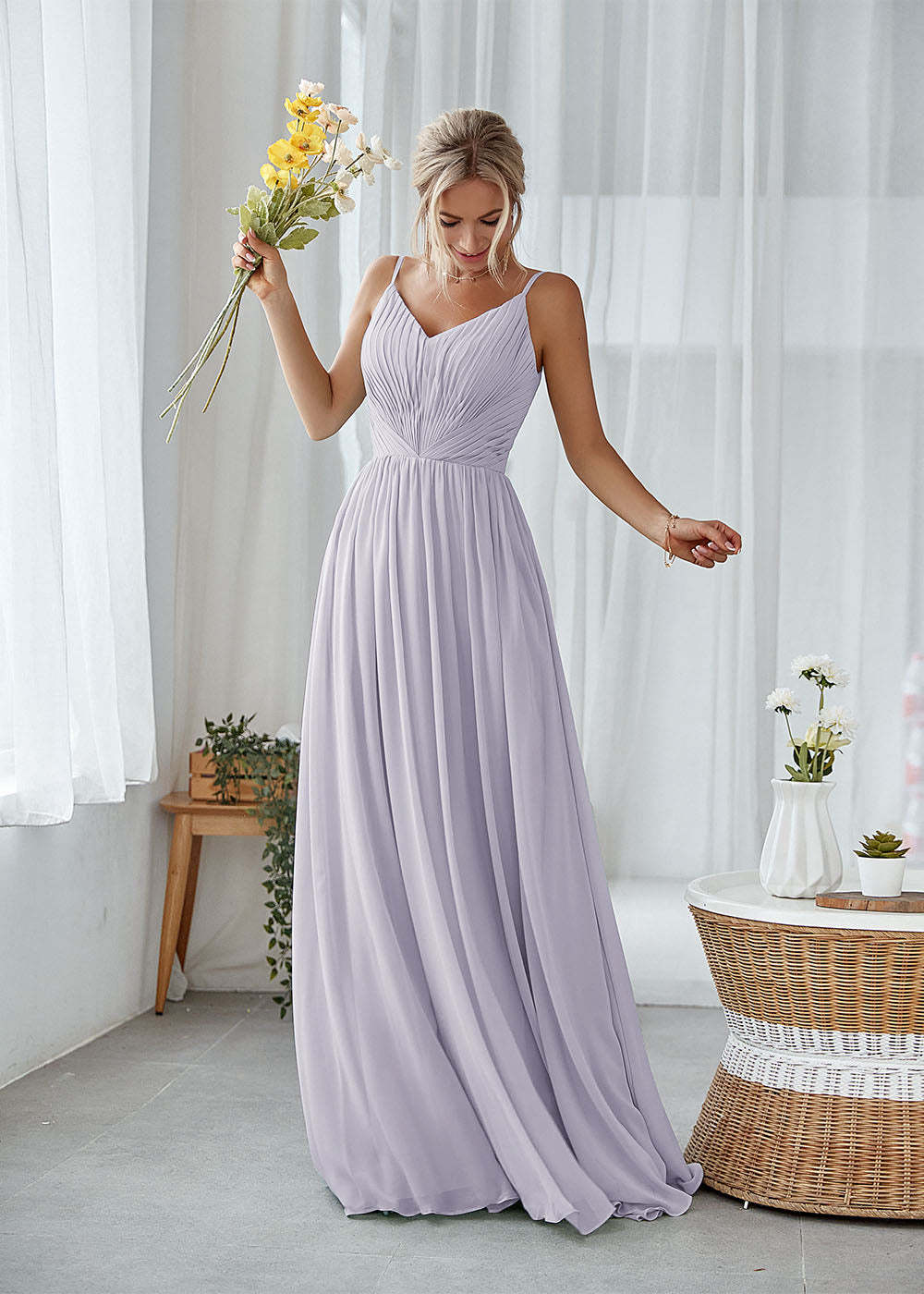 A-line V-neck Pleated Bridesmaid Dress