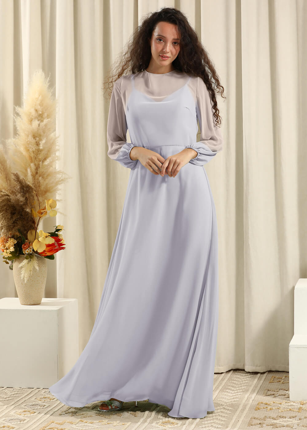 Long Sleeve A-line Chiffon Keyhole Back Bridesmaid Dress