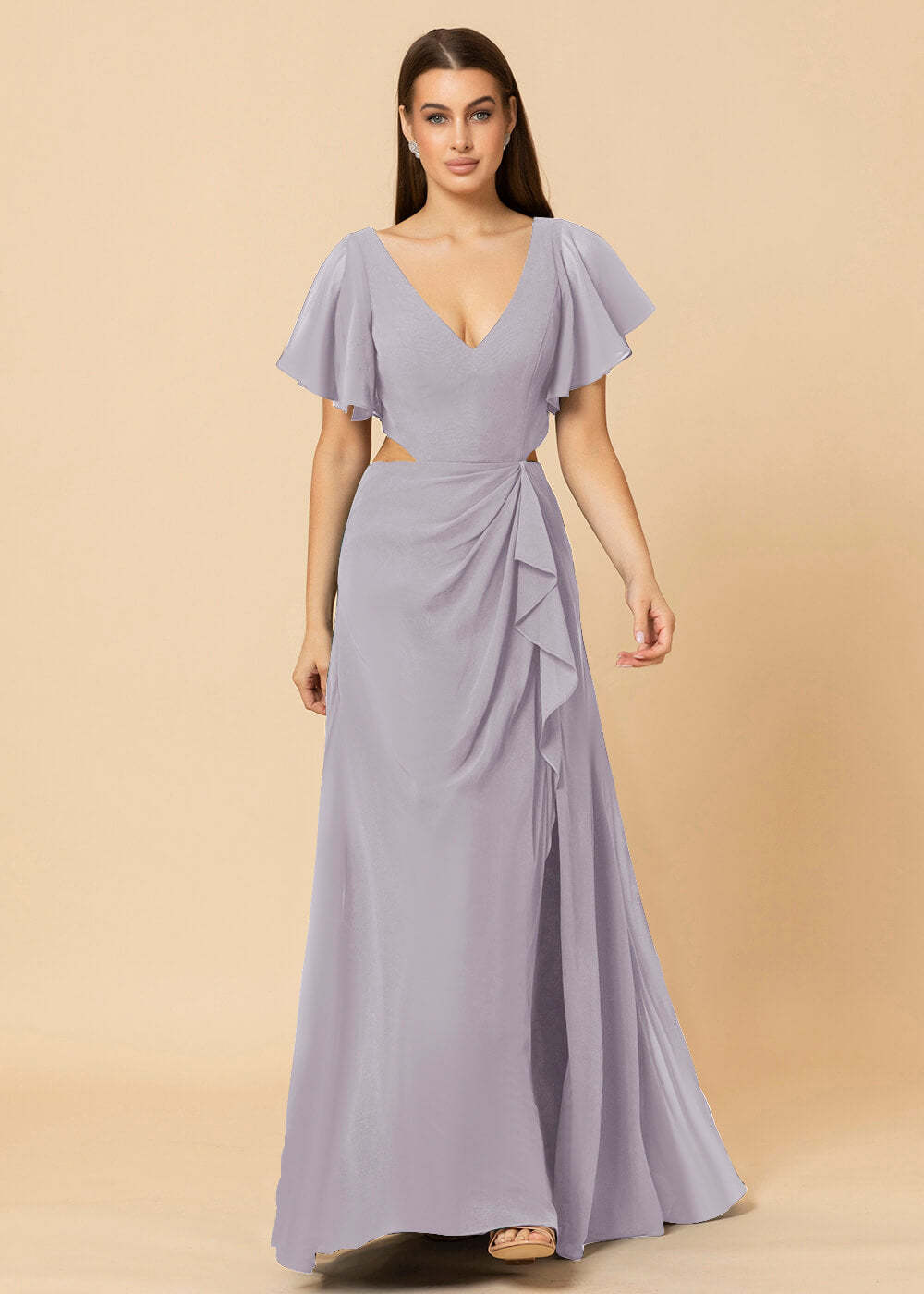 V-neck Waist Cut Out Floor Length Bridesmaid Dress