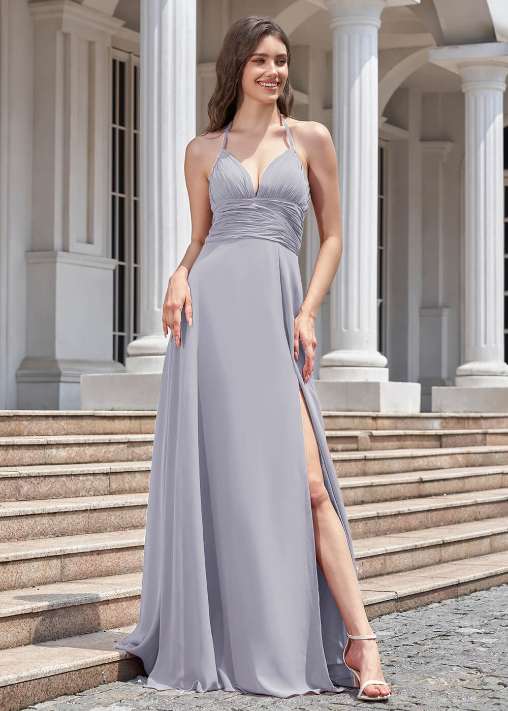 Deep V Halter Neck Pleated A-line Chiffon Long Bridesmaid Dress