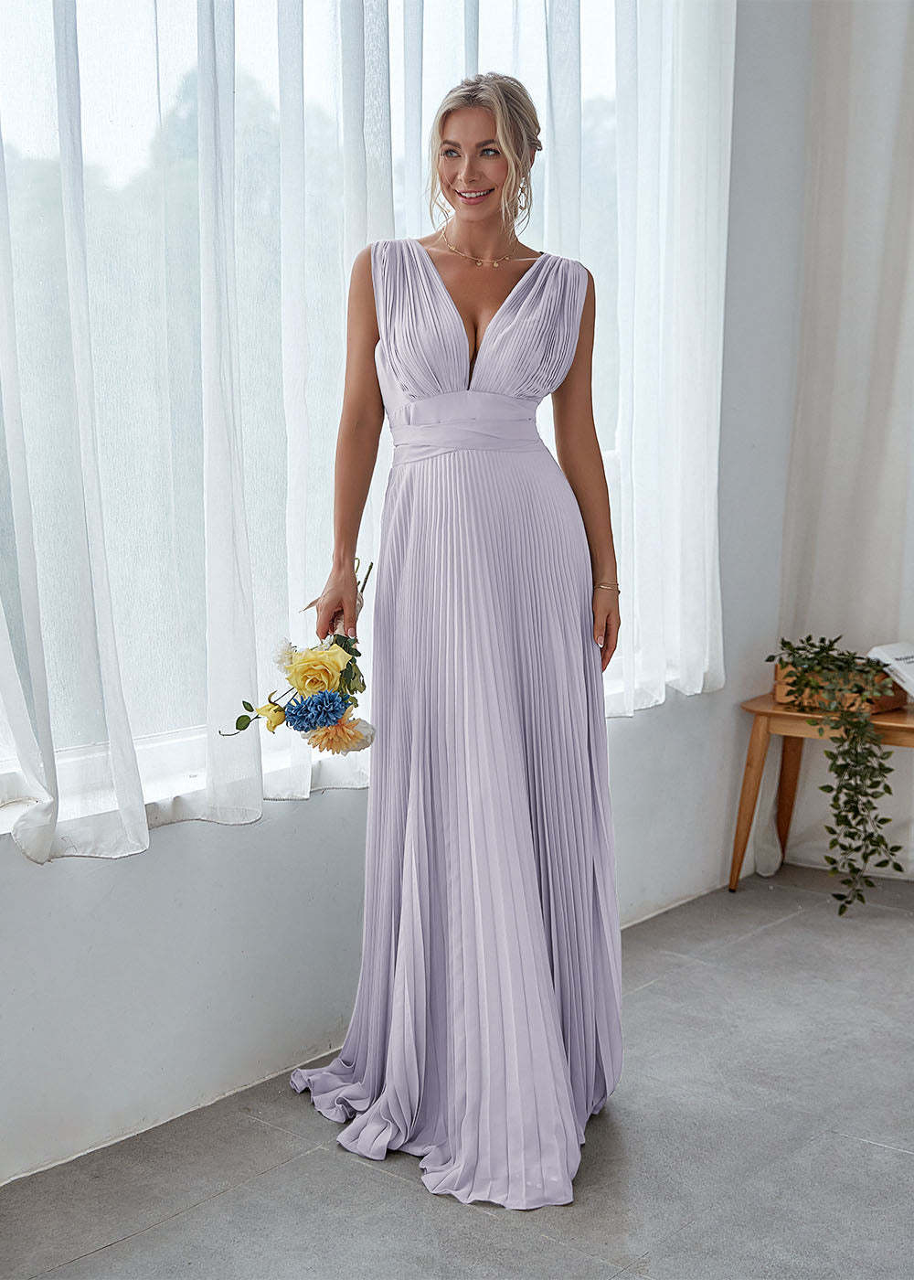 V Back Pleated Bridesmaid Dress