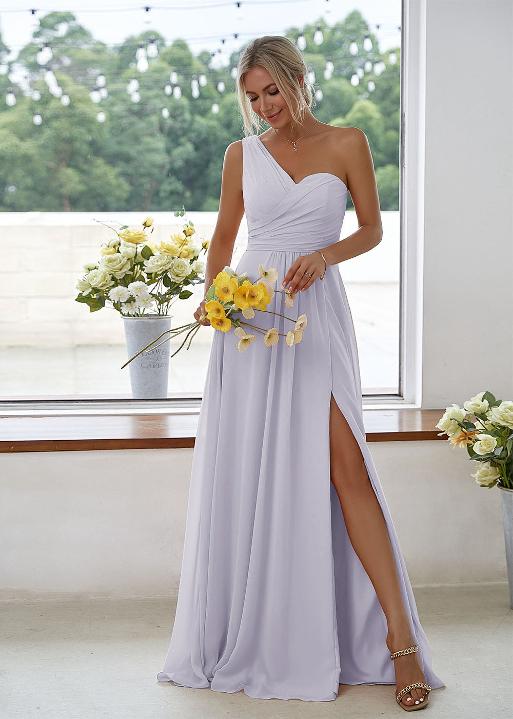 One-Shoulder Side Slit Chiffon Bridesmaid Dress