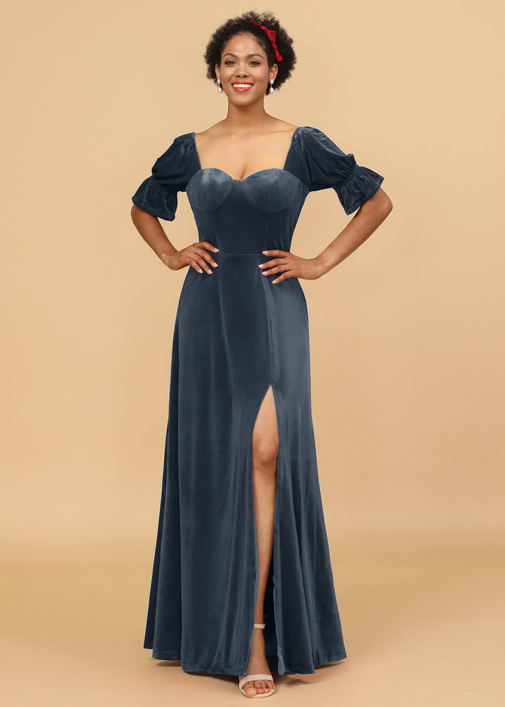Short Sleeves A-line Velvet Bridesmaid Dress with Sllit