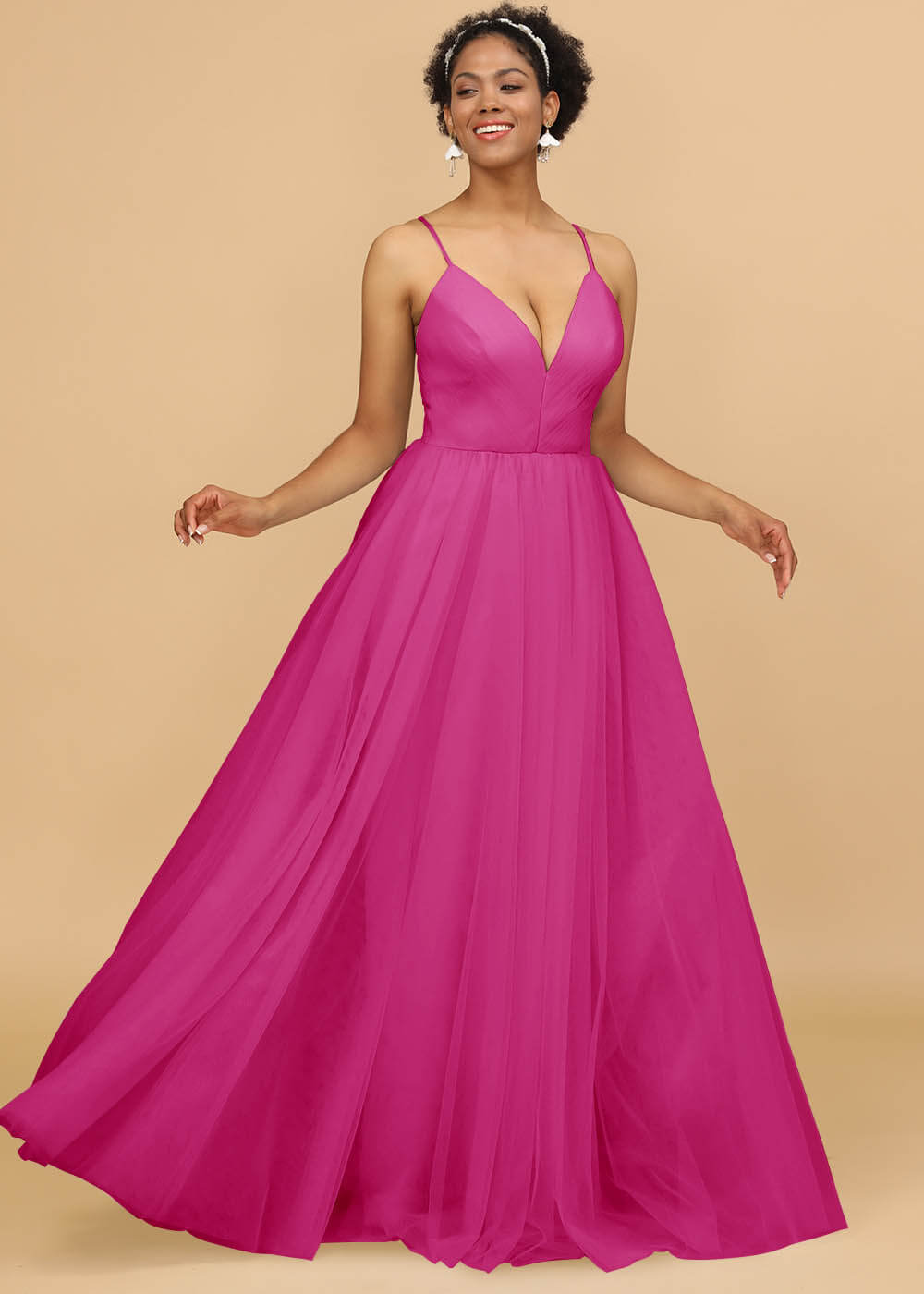 Deep V-neck Strap Tulle Bridesmaid Dress