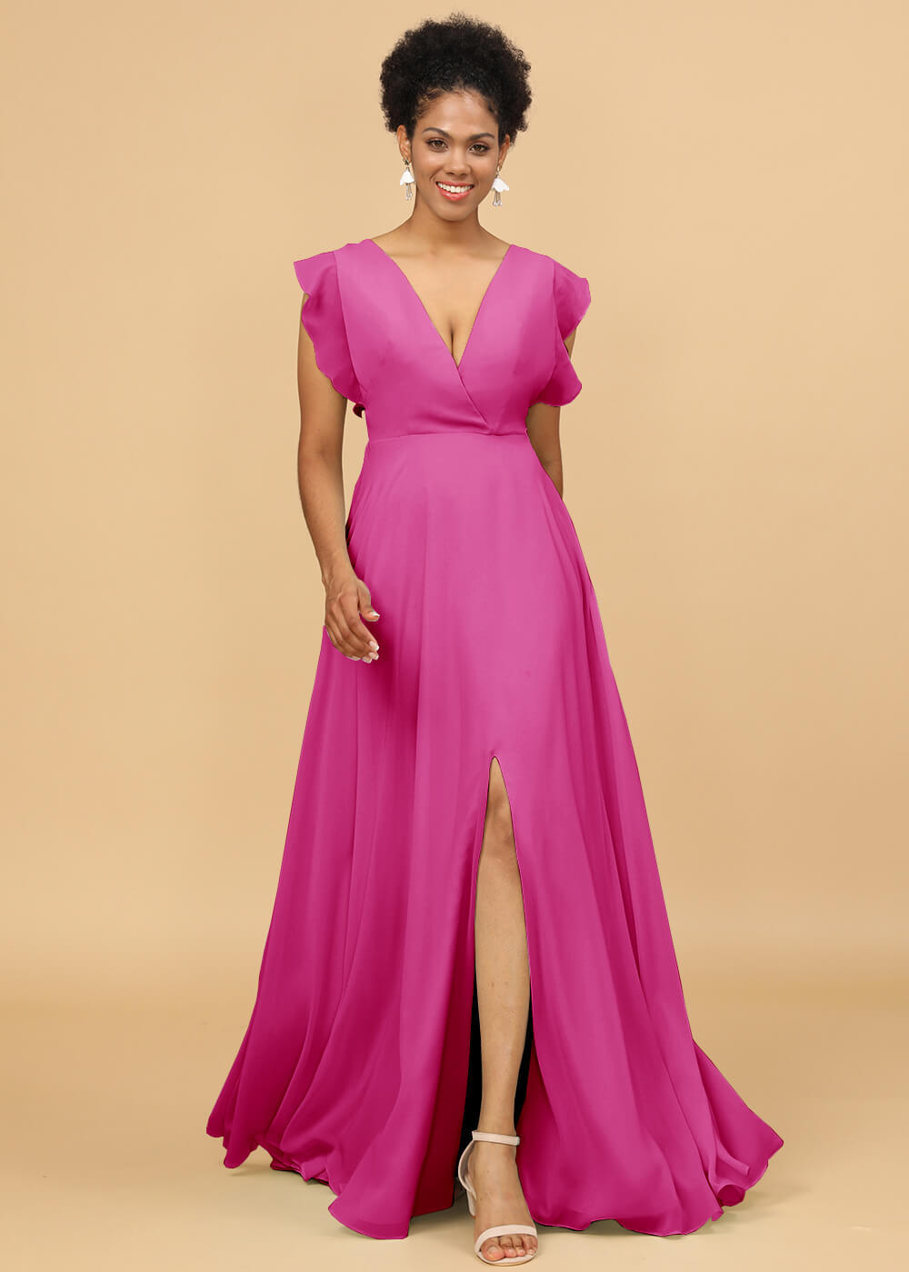 V-neck Ruffles Cap Sleeve Chiffon Bridesmaid Dress