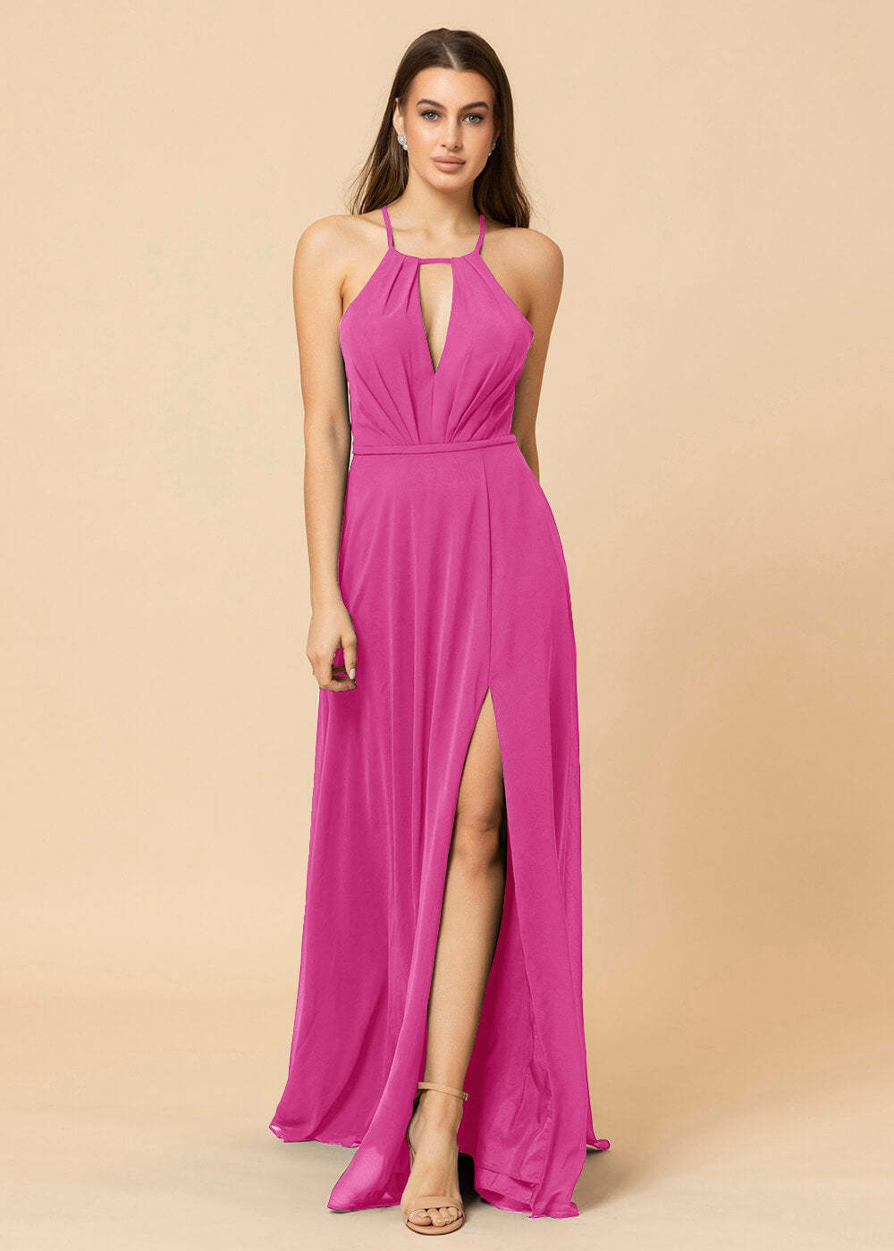 Halter Neck Chiffon Floor Length Bridesmaid Dress