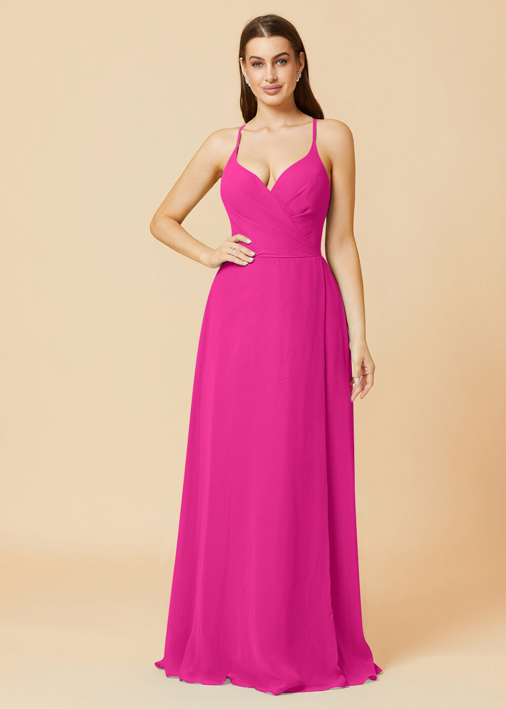 V-neck Spaghetti Strap Button Back Chiffon Bridesmaid Dress