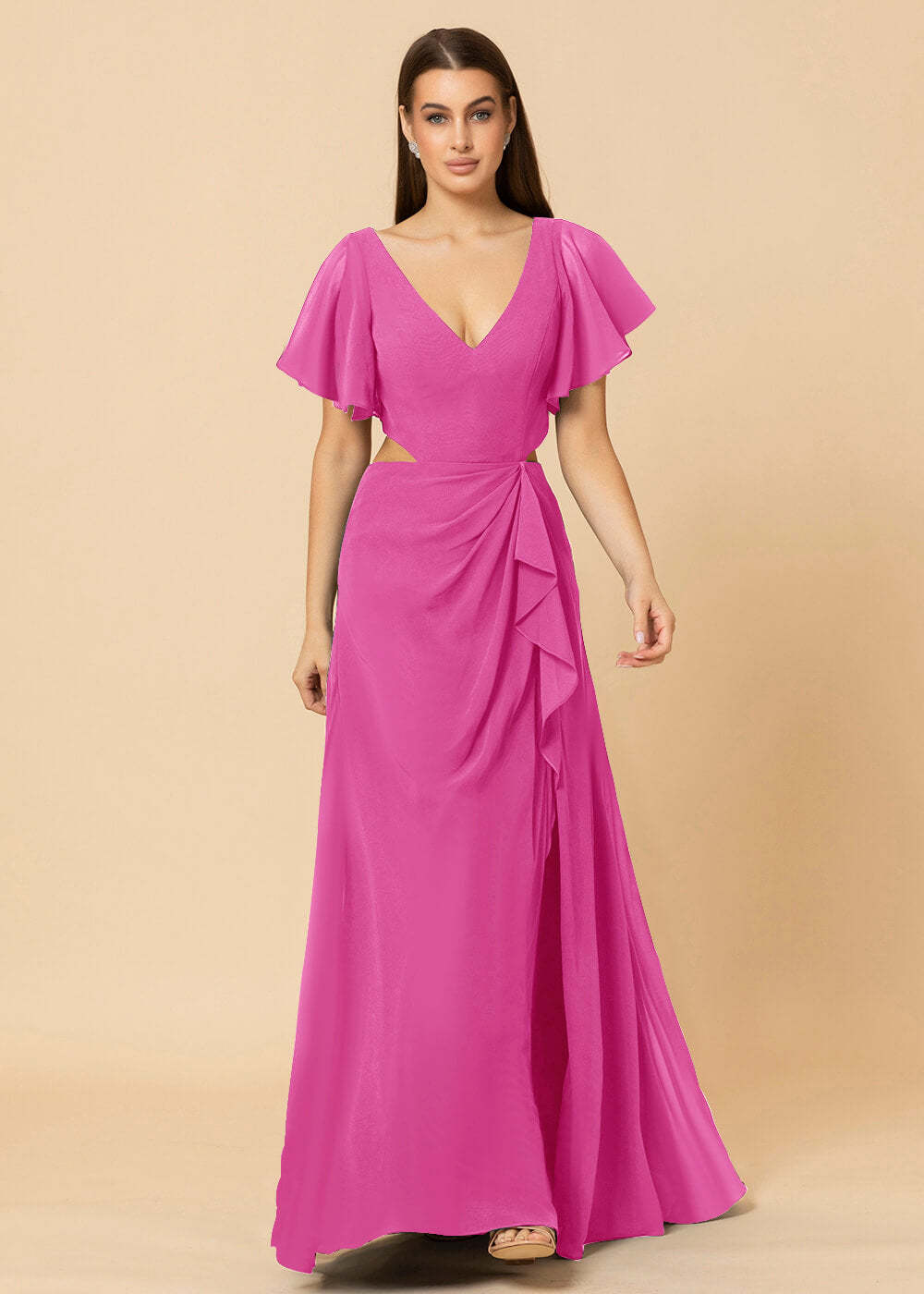 V-neck Waist Cut Out Floor Length Bridesmaid Dress