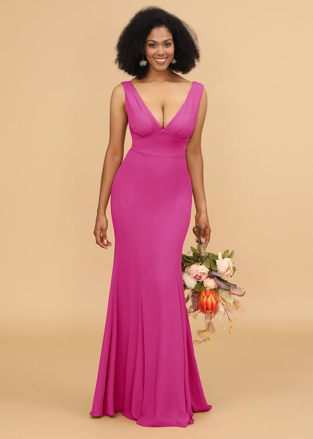 V-neck Trumpet Long Bridesmaid Dress
