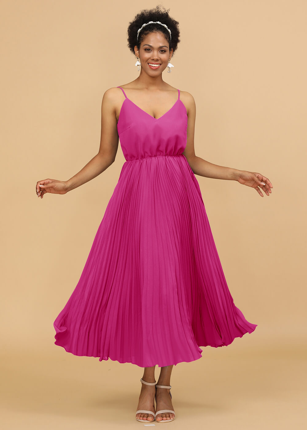 V-neck Spaghetti Strap Tea Length Bridesmaid Dress