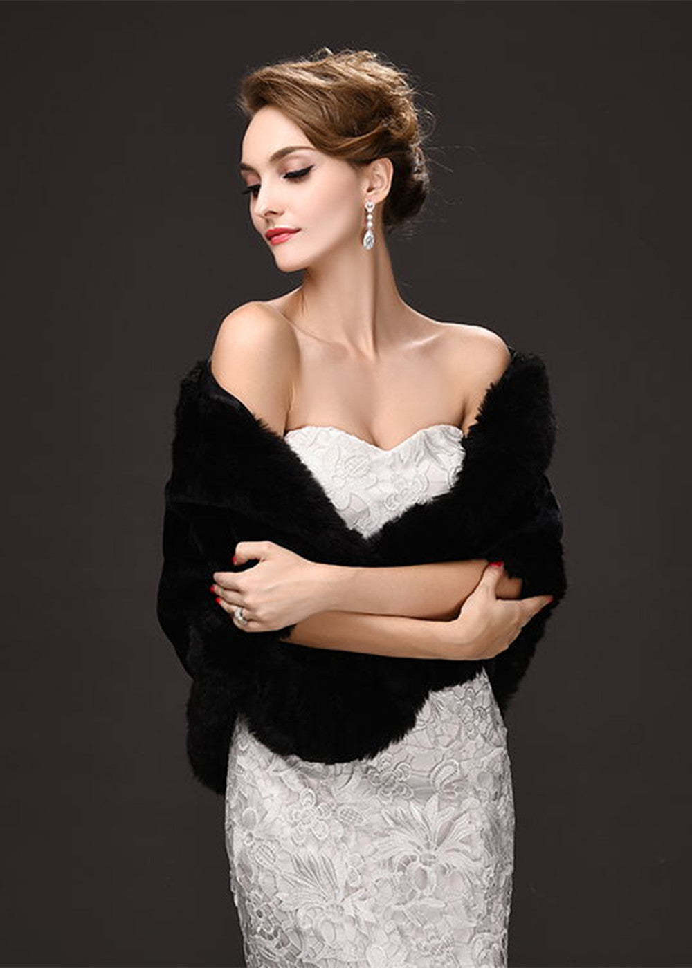 Black Evening Dress Faux Fur Wrap