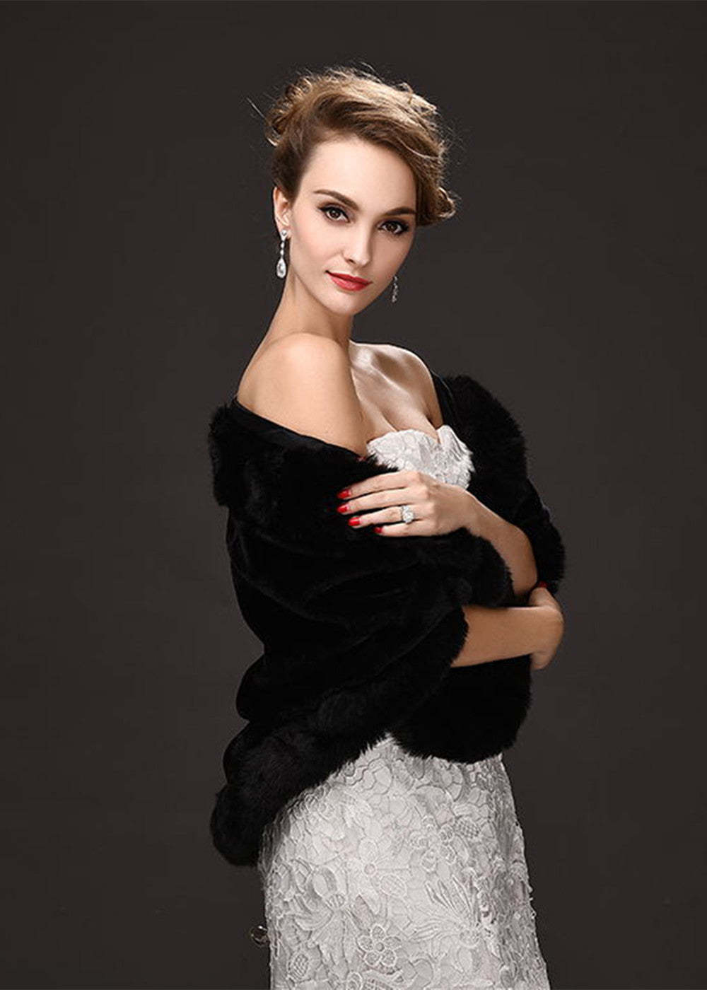 Black Evening Dress Faux Fur Wrap