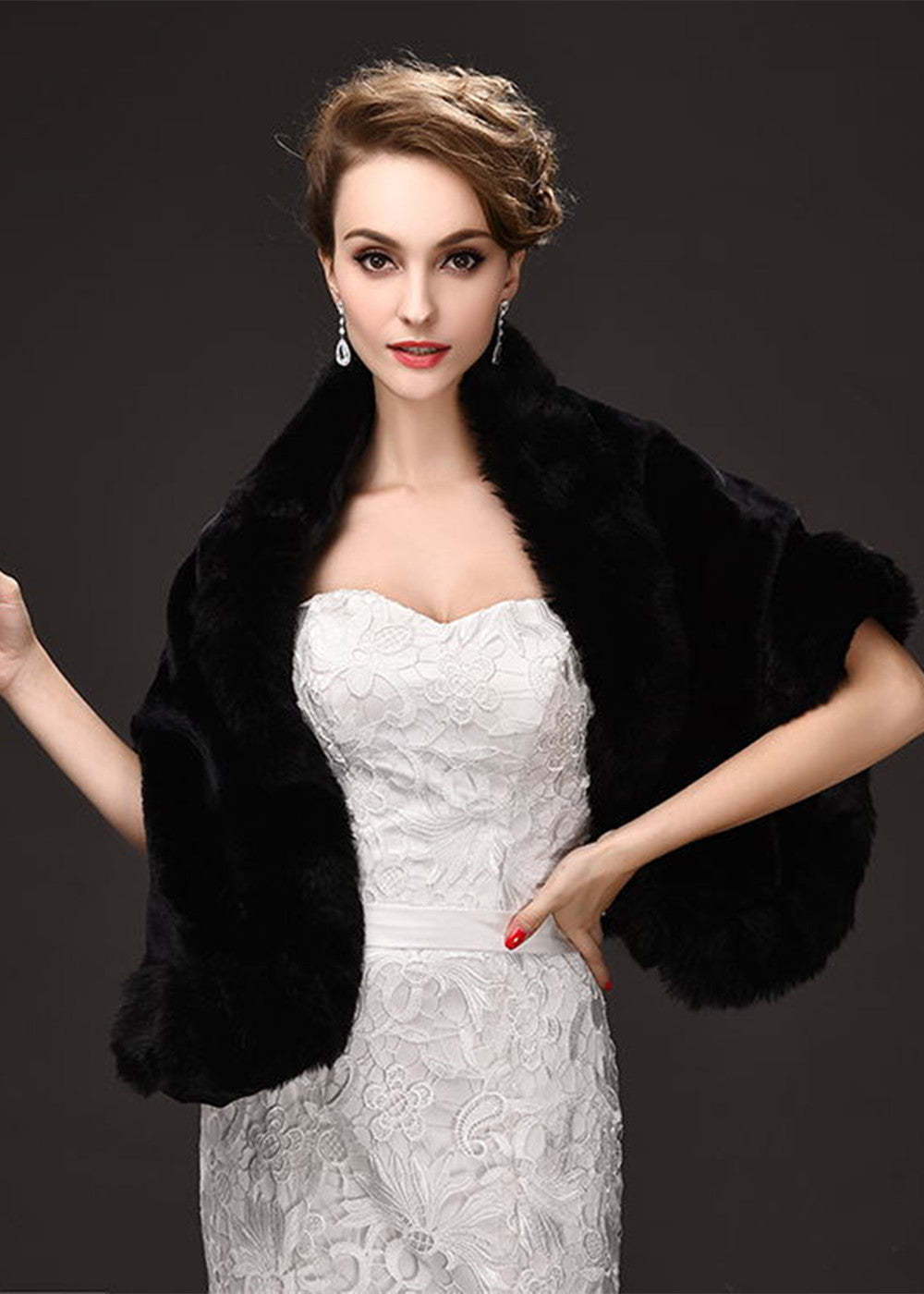 Black Evening Dress Faux Fur Wrap