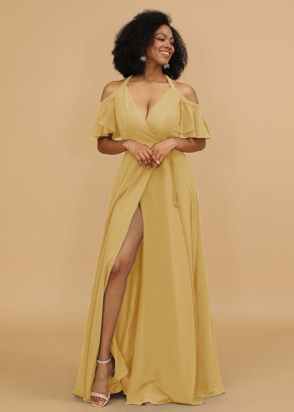 Ruffles Sleeves A-line Wrap Bridesmaid Dress