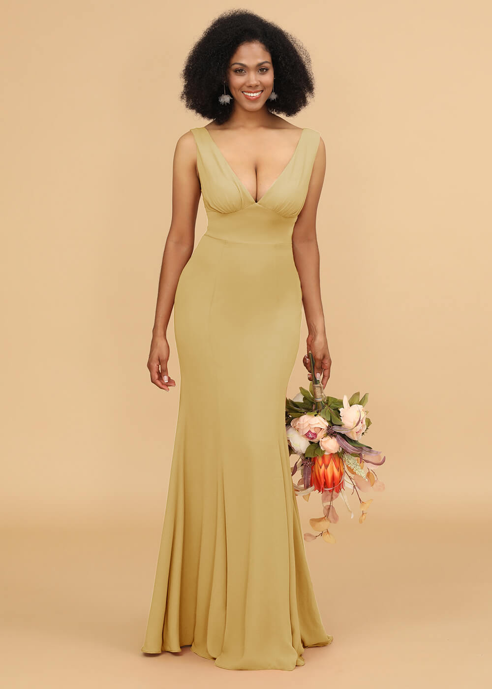 V-neck Trumpet Long Bridesmaid Dress