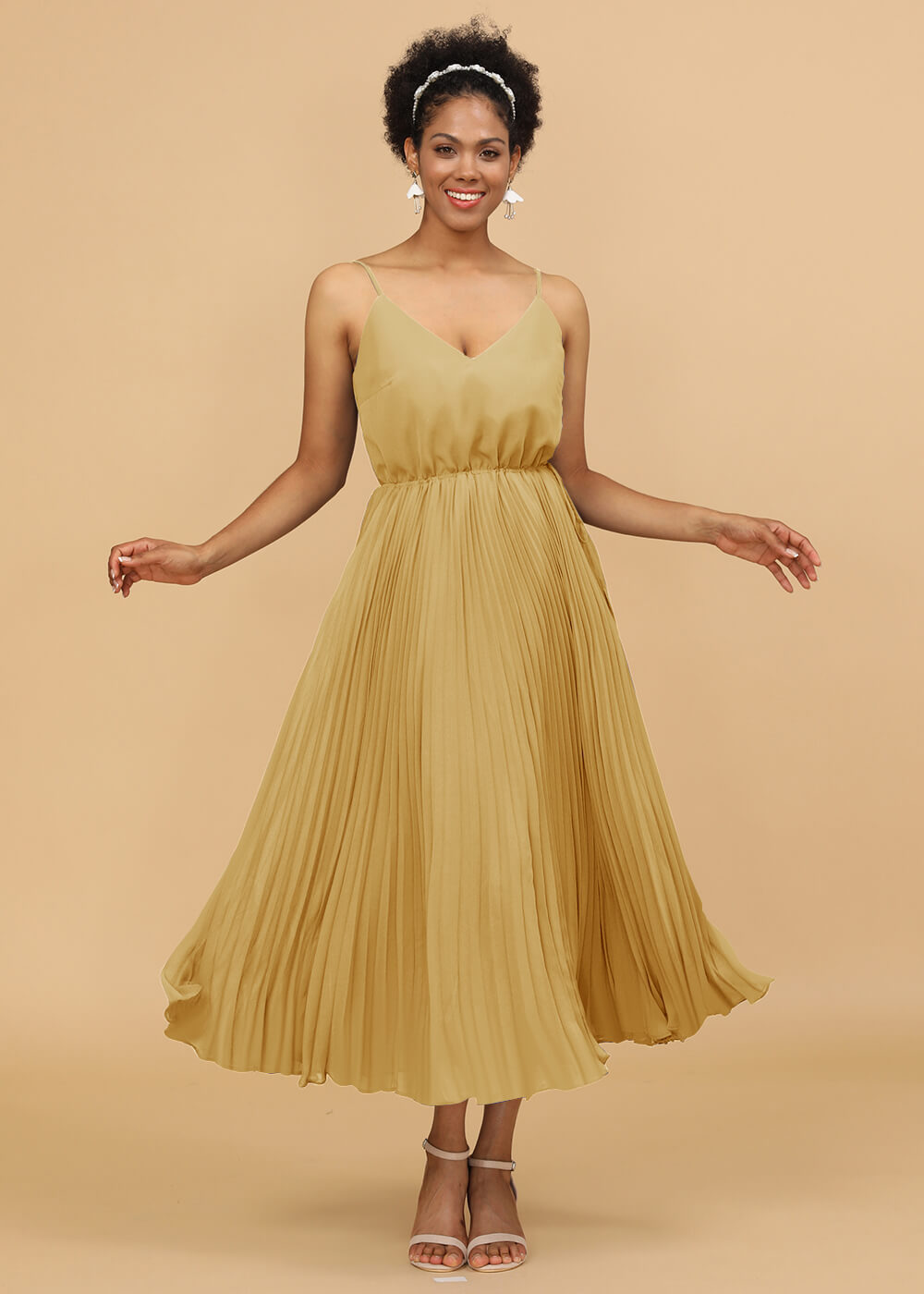 V-neck Spaghetti Strap Tea Length Bridesmaid Dress