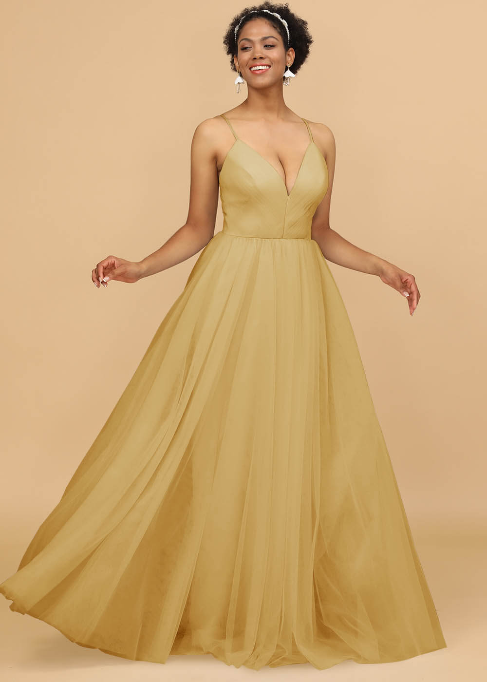 Deep V-neck Strap Tulle Bridesmaid Dress