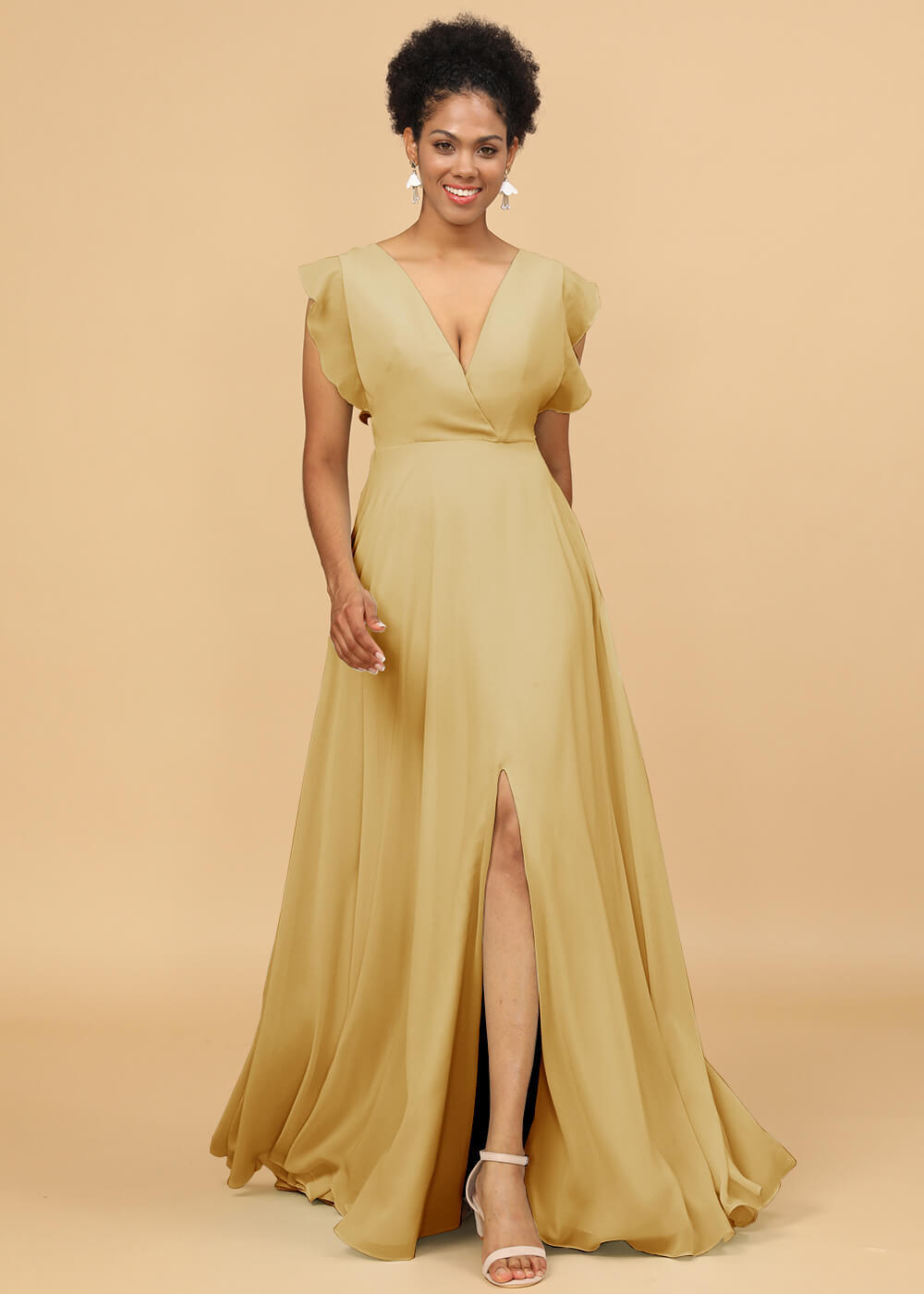 V-neck Ruffles Cap Sleeve Chiffon Bridesmaid Dress