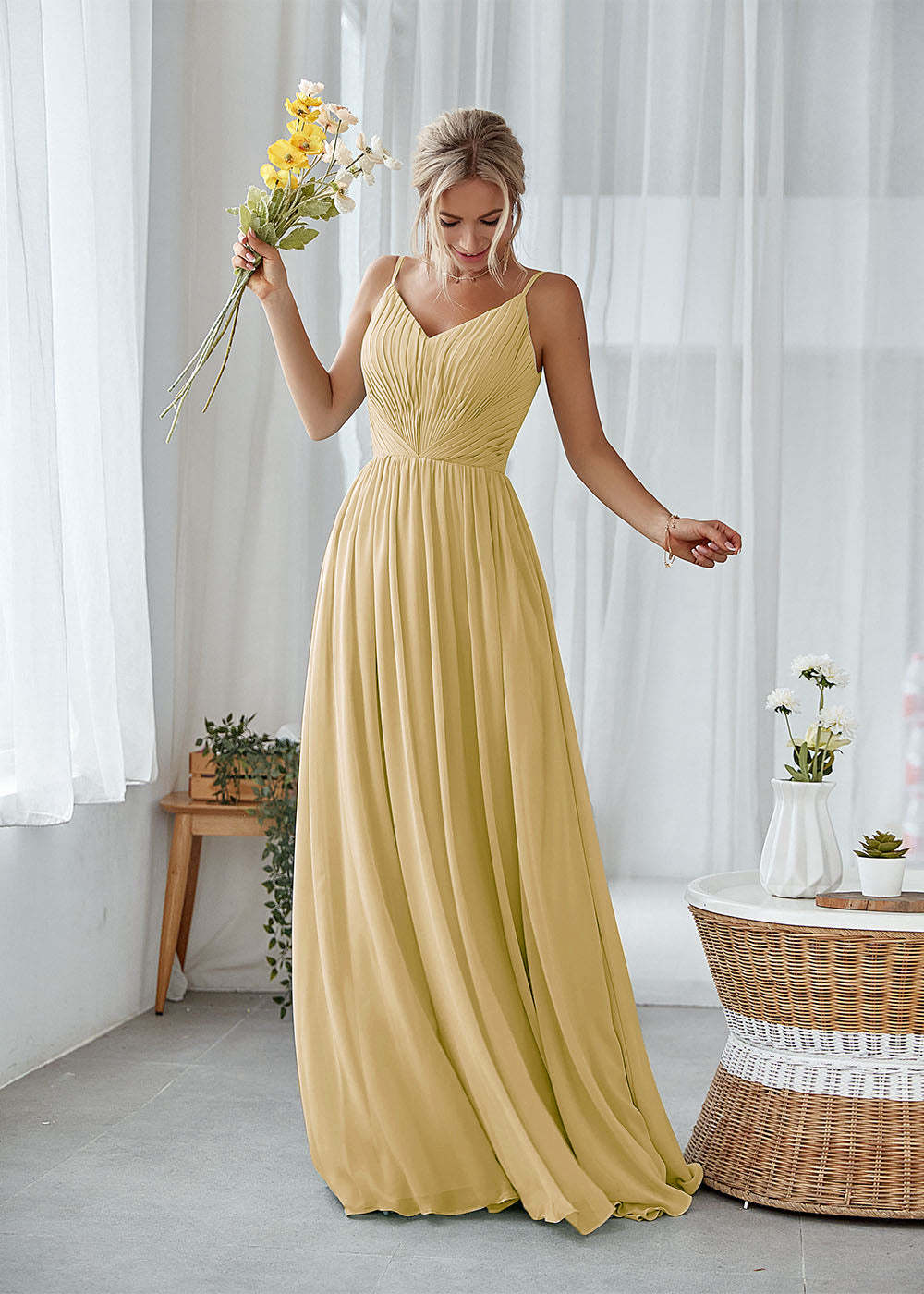 A-line V-neck Pleated Bridesmaid Dress