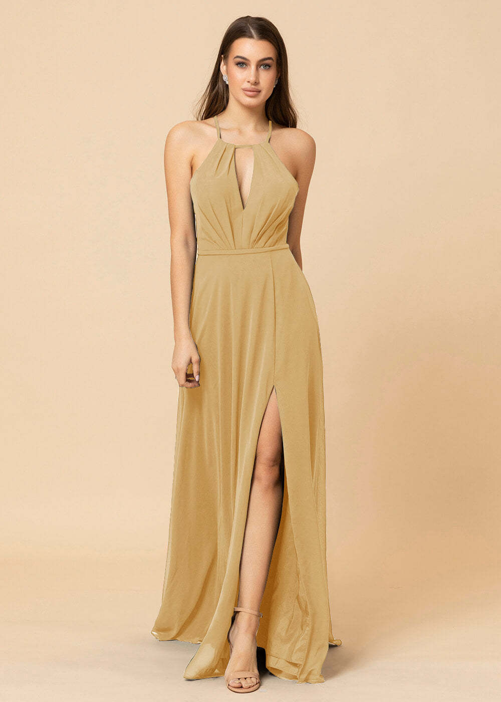 Halter Neck Chiffon Floor Length Bridesmaid Dress