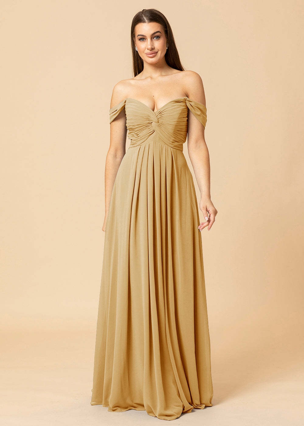 Off the Shoulder Chiffon Maxi Bridesmaid Dress