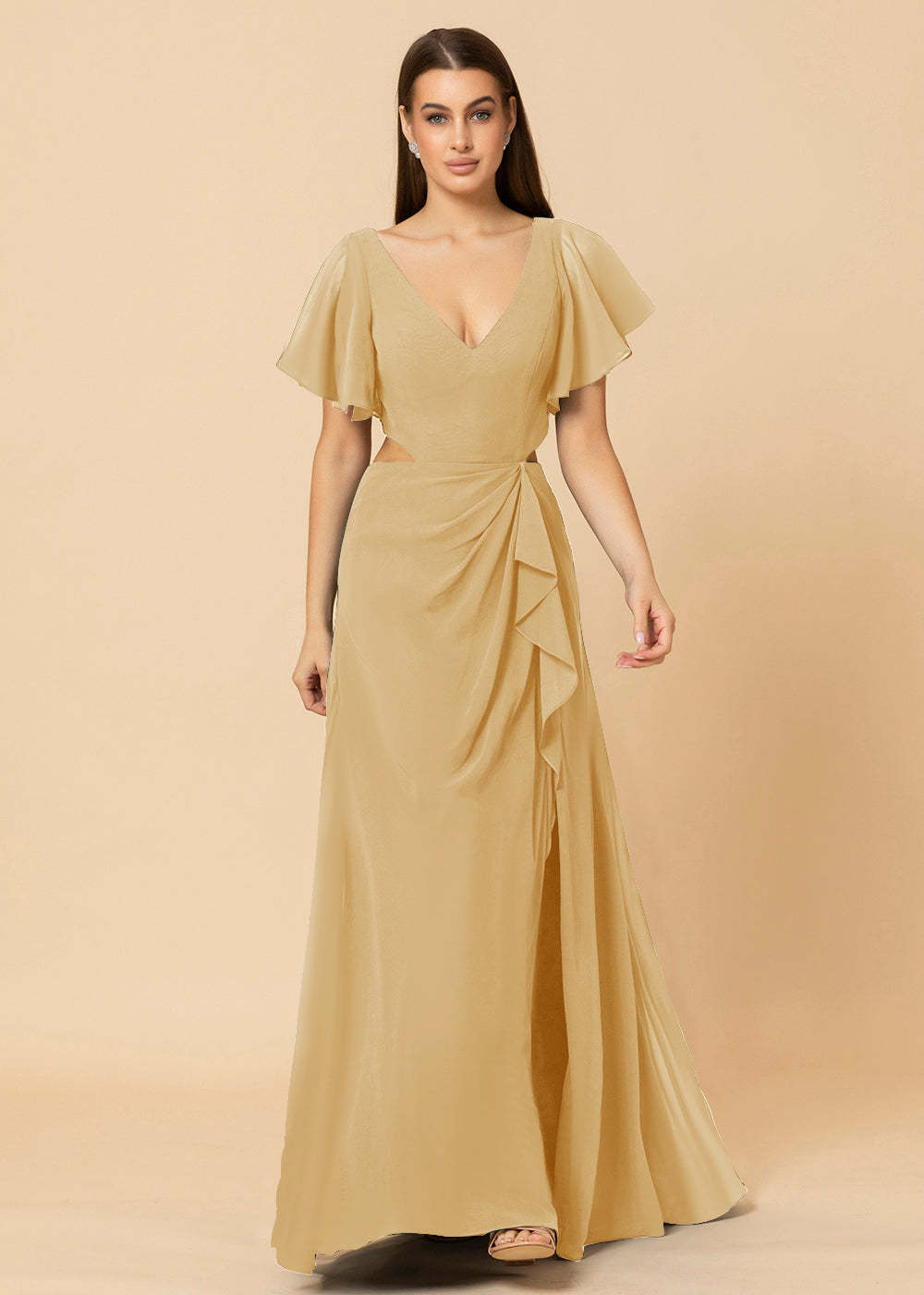 V-neck Waist Cut Out  Floor Length Bridesmaid Dress