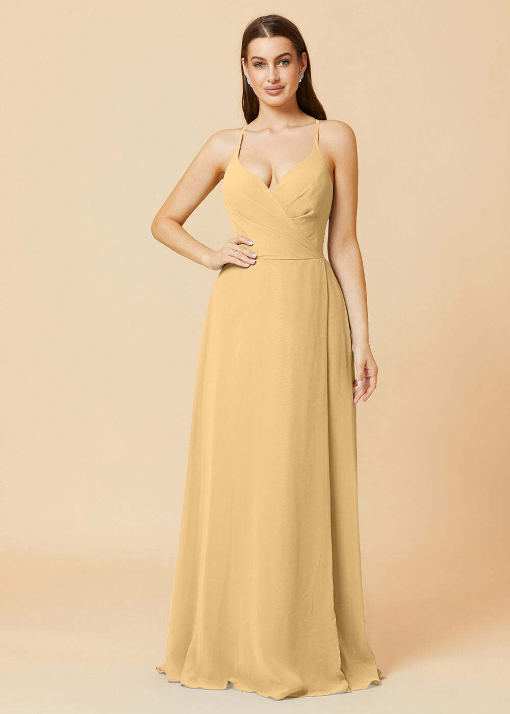 V-neck Spaghetti Strap Button Back Chiffon Bridesmaid Dress