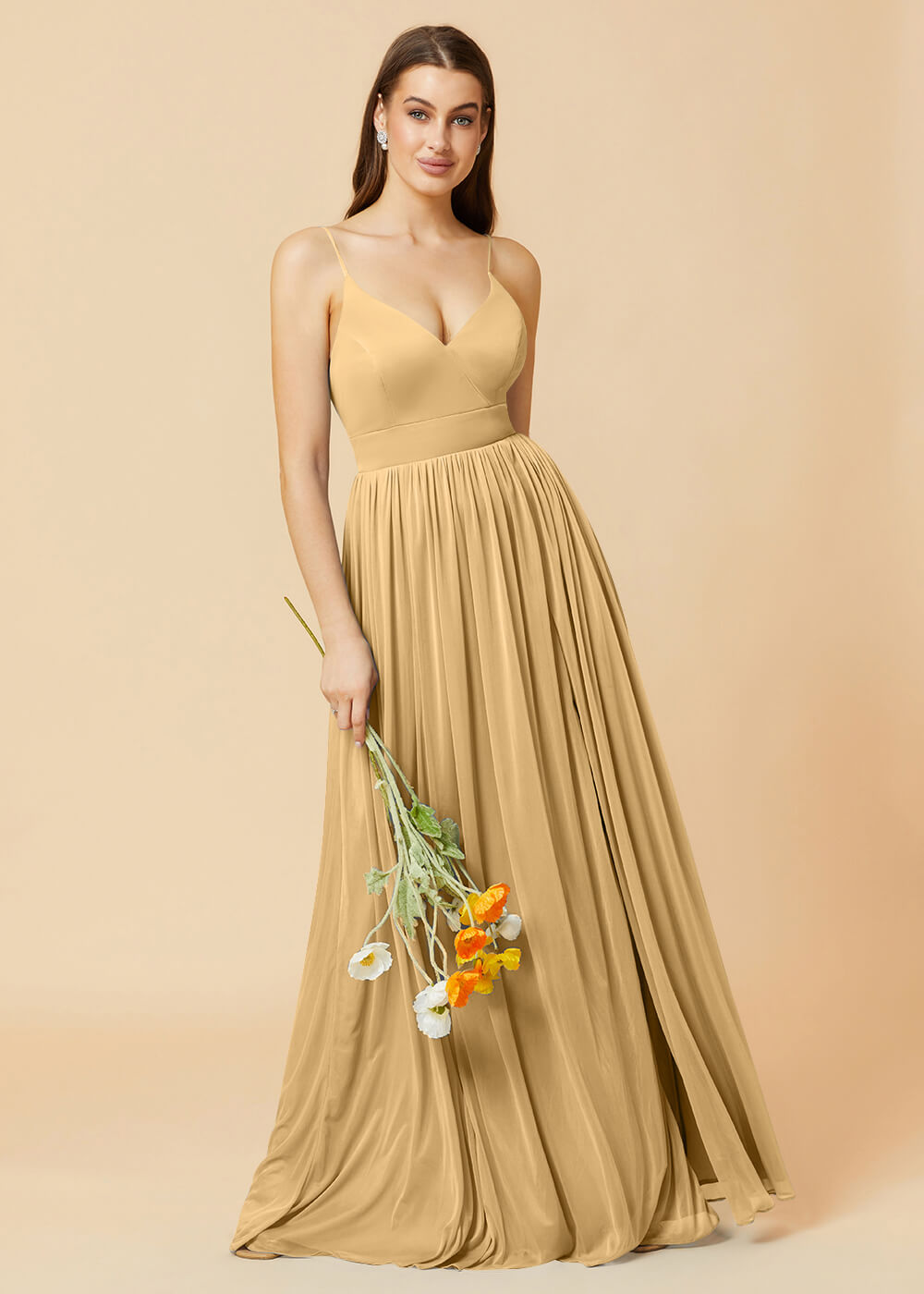 V-neck Spaghetti Strap Open Back Chiffon Bridesmaid Dress