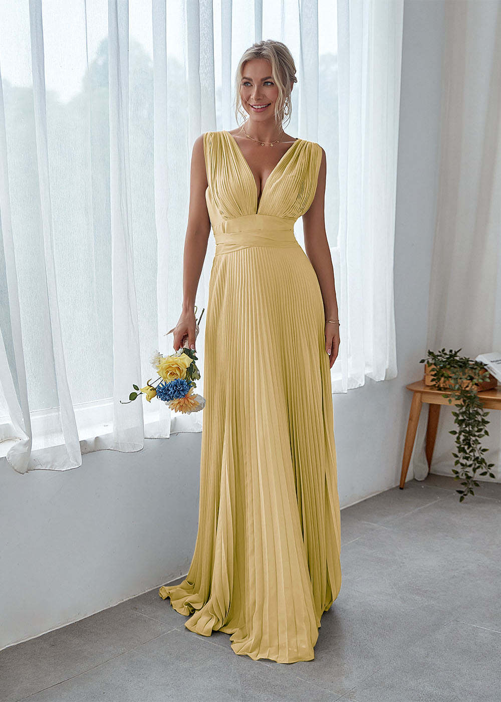V Back Pleated Bridesmaid Dress