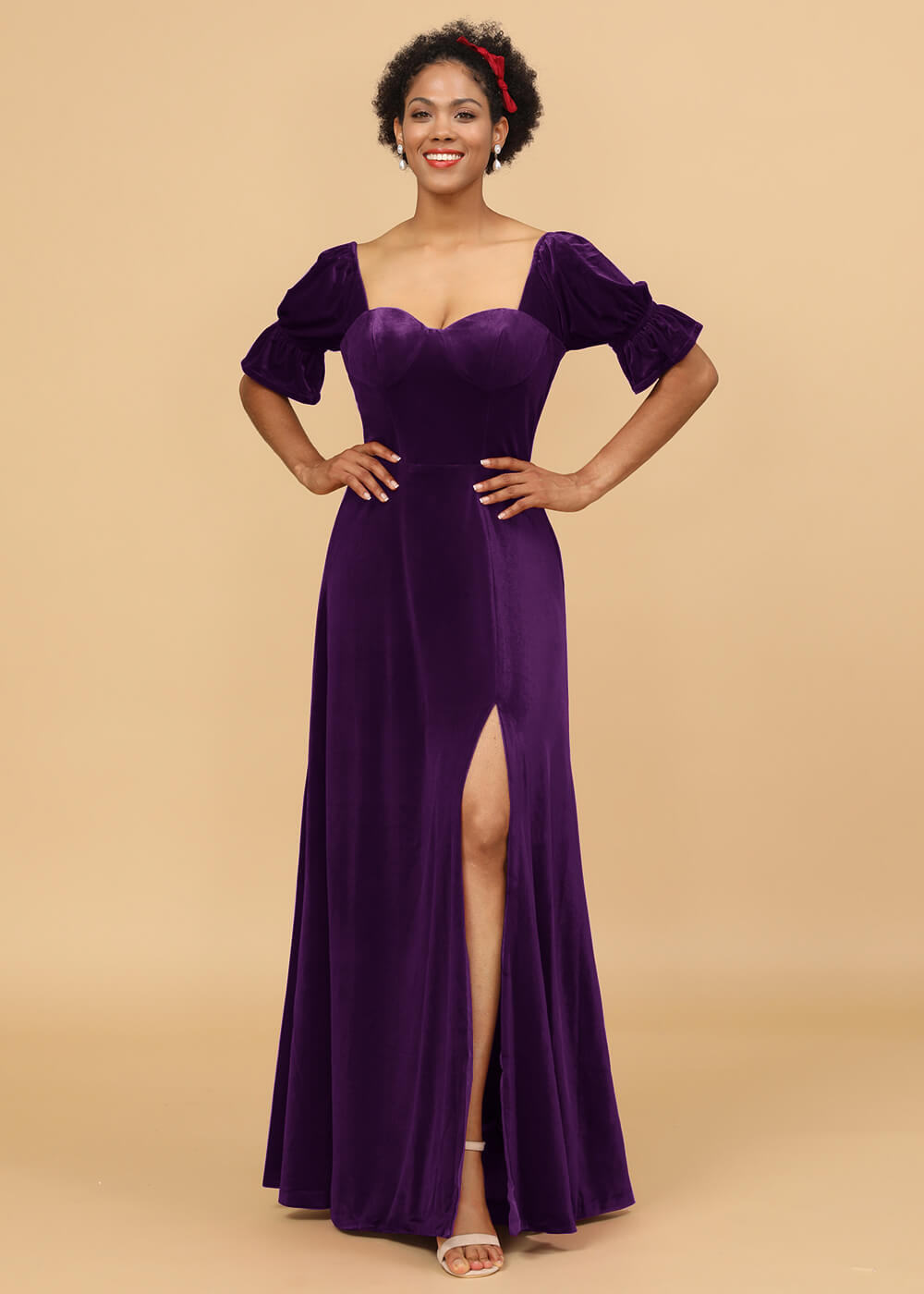 Short Sleeves A-line Velvet Bridesmaid Dress with Sllit