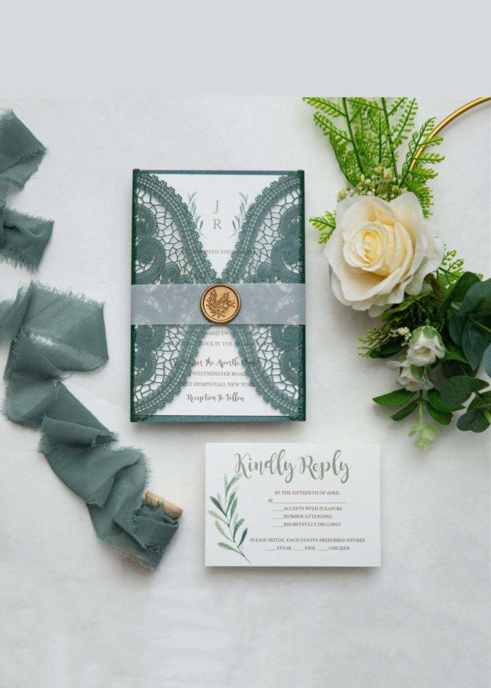 10 PCS Green Laser Cut Wedding Invitations