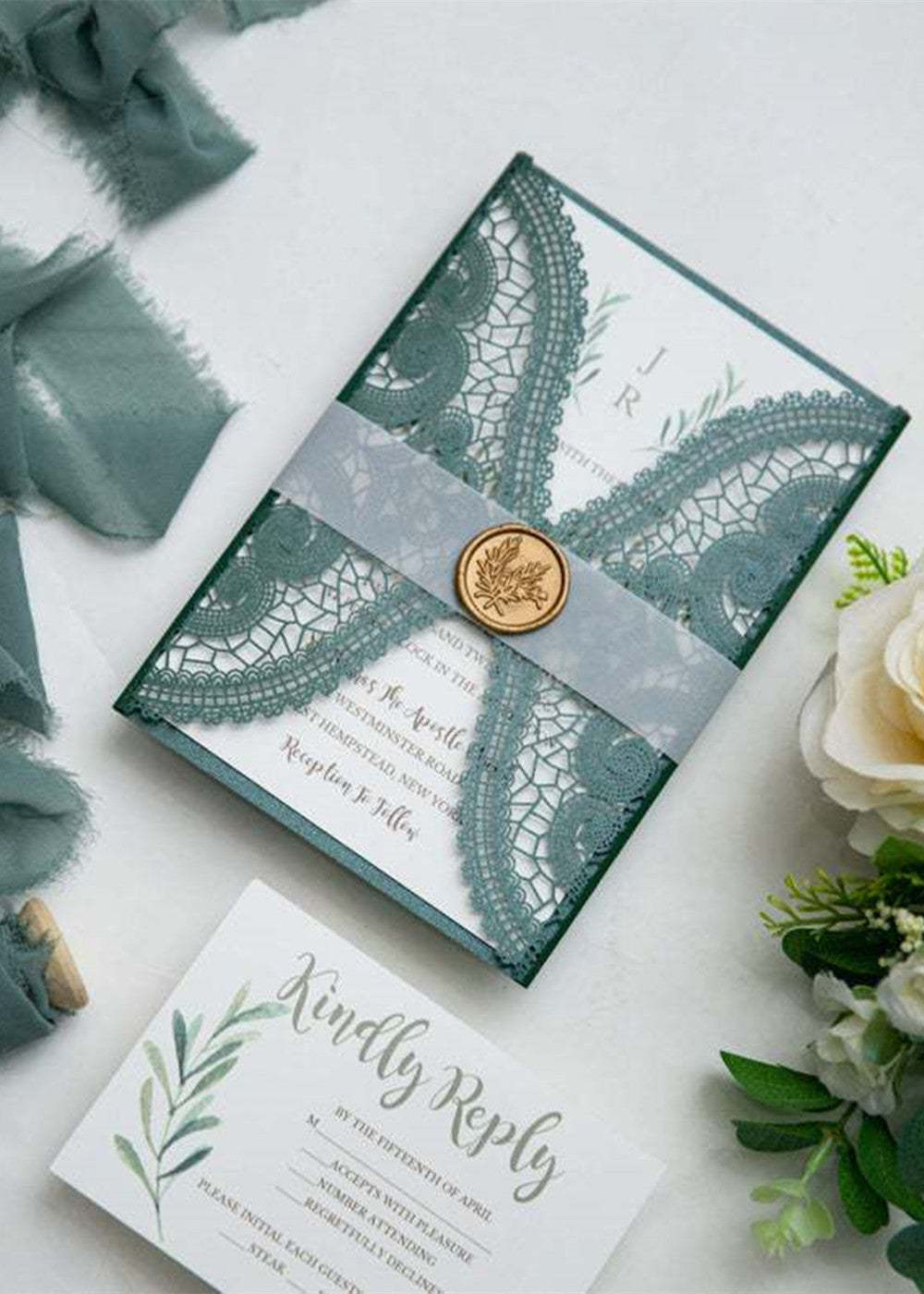 10 PCS Green Laser Cut Wedding Invitations
